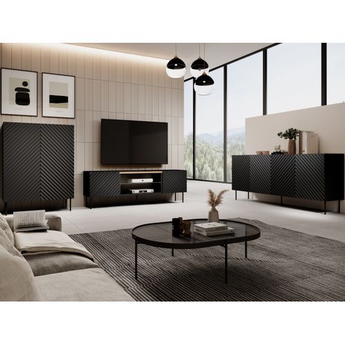 Meuble TV 200 Cm Bois Et Noir Mat 4 Portes 3d Emile