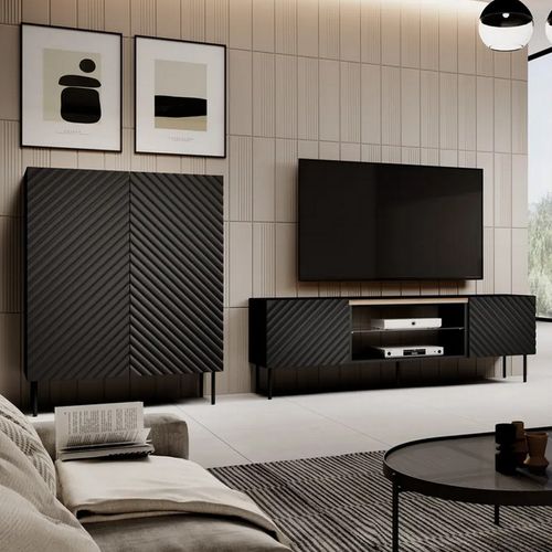 Meuble TV 180cm Noir Mat Et Bois Emile