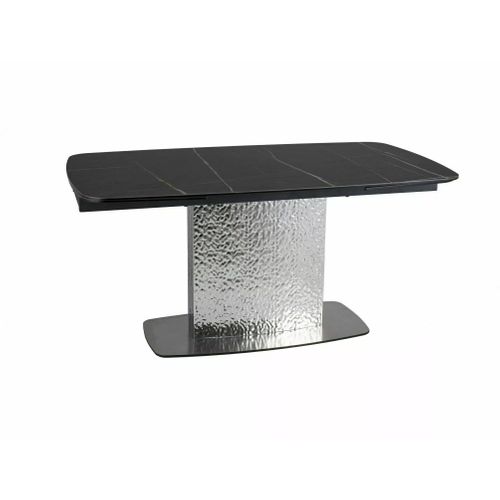 Table Design Extensible Aspect Marbre Noir Avec Pied Central En Acier Inoxydable Eglantine