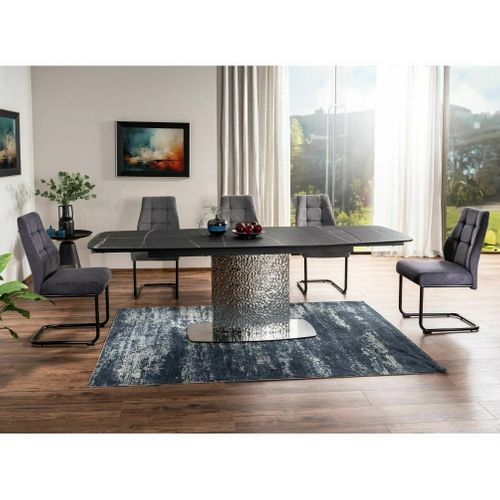 Table Design Extensible Aspect Marbre Noir Avec Pied Central En Acier Inoxydable Eglantine