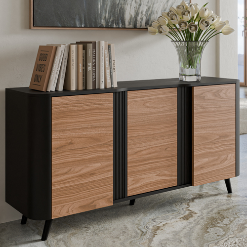 Buffet Noir Et Bois - Bords Arrondis - 3 Portes - 150cm Viali