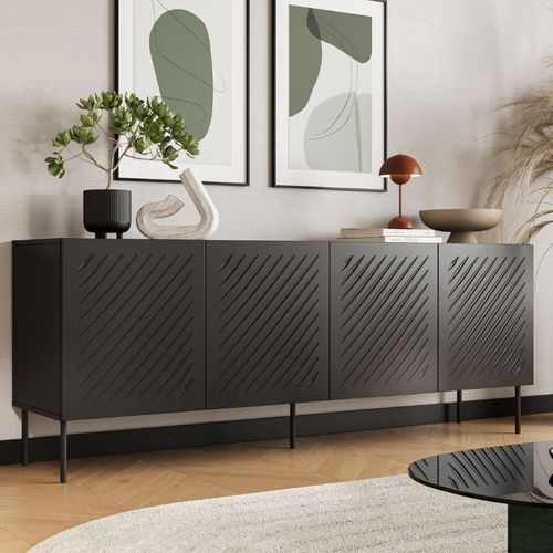 Buffet Noir 4 Portes Avec Motifs En Relief 200cm Abys
