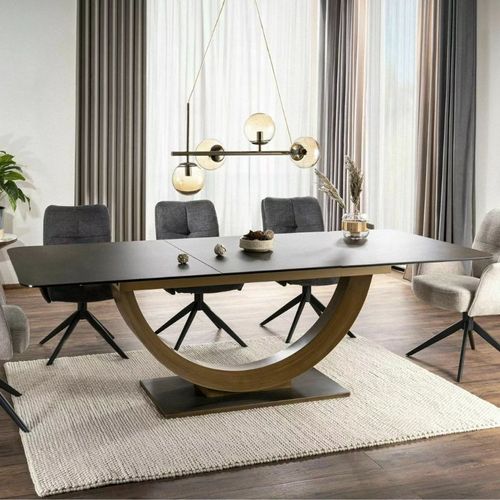 Table En Résine Frittée Aspect Marbre Extensible 160-240 Cm Avec Pied Acier Noir Design Lisa