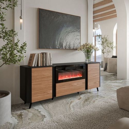 Buffet Noir Mat Et Bois 200cm Avec Cheminée Et Chauffage Lucky