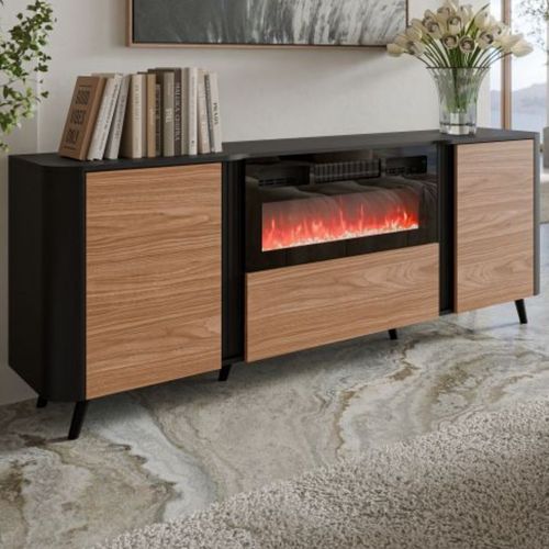 Buffet Noir Mat Et Bois 200cm Avec Cheminée Et Chauffage Lucky