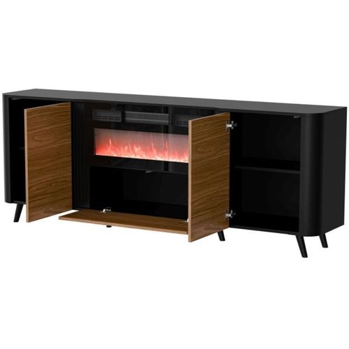 Buffet Noir Mat Et Bois 200cm Avec Cheminée Et Chauffage Lucky