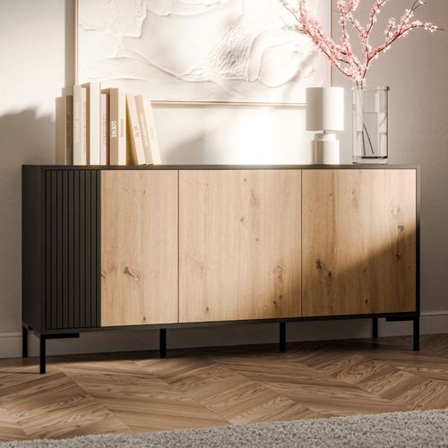 Buffet 150 Cm 3 Portes Noir Et Bois Polo