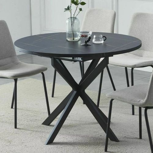 Table Noire Ronde 100 Cm Extensible Style Marbre Pieds Métal Larry