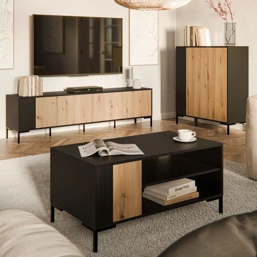 Meuble Télé Noir Et Bois 200cm - 4 Portes - Polo