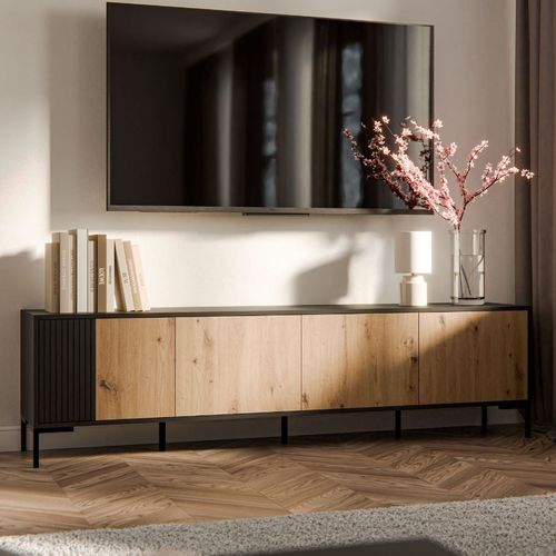 Meuble Télé Noir Et Bois 200cm - 4 Portes - Polo
