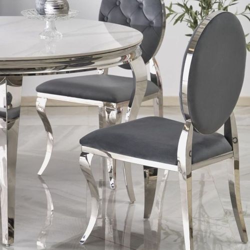 Table à Manger Ronde Baroque 120 Cm Aspect Marbre, Pieds Argentés Canica