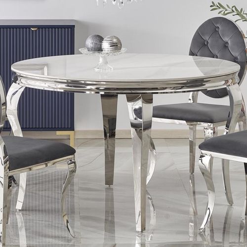 Table à Manger Ronde Baroque 120 Cm Aspect Marbre, Pieds Argentés Canica