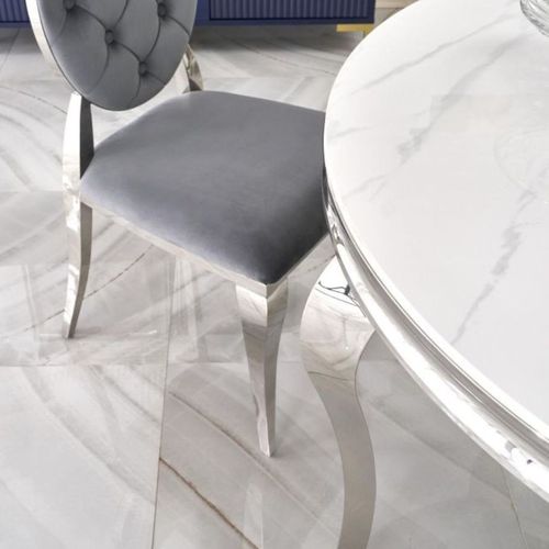 Table à Manger Ronde Baroque 120 Cm Aspect Marbre, Pieds Argentés Canica