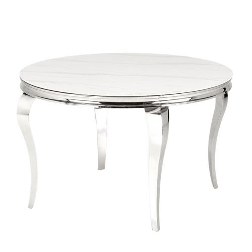 Table à Manger Ronde Baroque 120 Cm Aspect Marbre, Pieds Argentés Canica