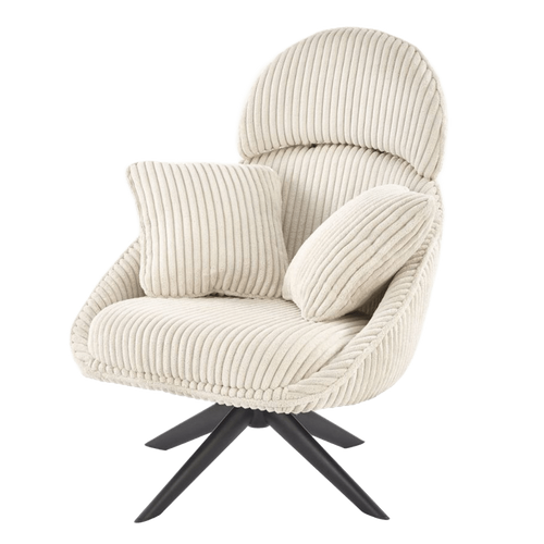 Fauteuil Pivotant En Tissu Côtelé Crème + 2 Coussins Helena