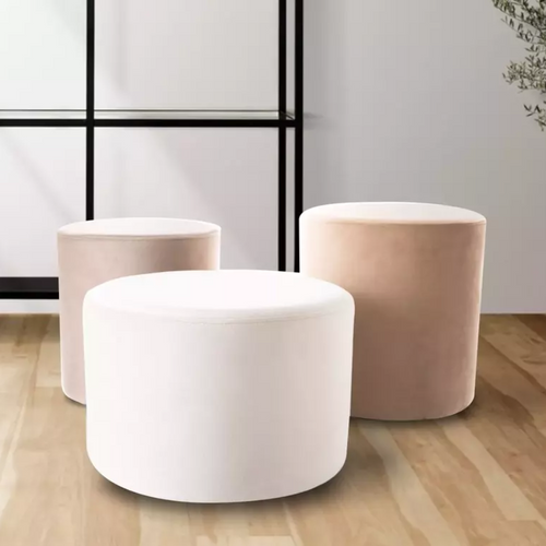 Pouf Rond En Velours 43 X 32 Cm Beige Clair Delta
