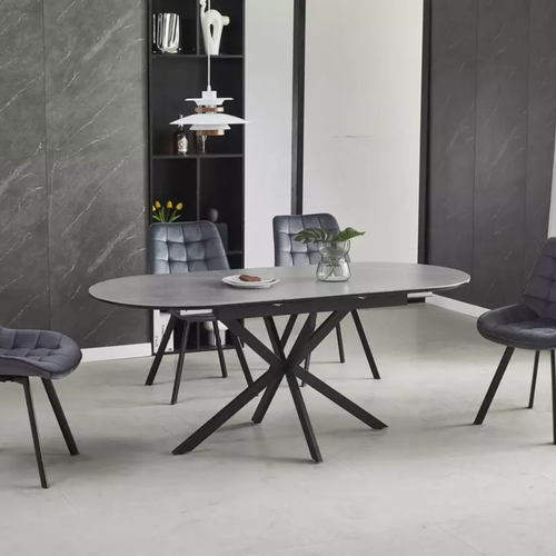 Table Extensible 140-180 Cm Céramique Grise 8 Pers Pied Noir Ovale Milanoz