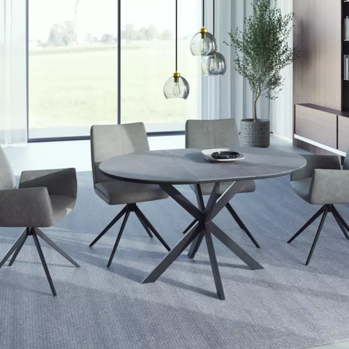 Table Ronde Extensible 135cm 6 Pers Céramique Grise Pied Métal Noir Milanoz