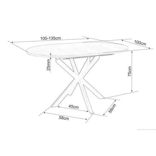 Table Ronde Extensible 135cm 6 Pers Céramique Grise Pied Métal Noir Milanoz