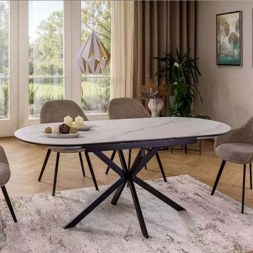 Table Extensible 140-180 Cm Céramique Blanche 8 Pers Pied Noir Métal Larry