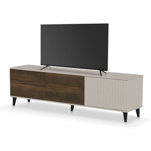 Meuble TV Contemporain 3 Portes Beige Aspect Noyer 150cm Pump