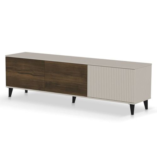 Meuble TV Contemporain 3 Portes Beige Aspect Noyer 150cm Pump