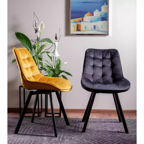 Chaise Velours Gris Sur Pied Métal Noir Pivotante Mat Assise Capitonnée Et Silhouette Sobre Montaj