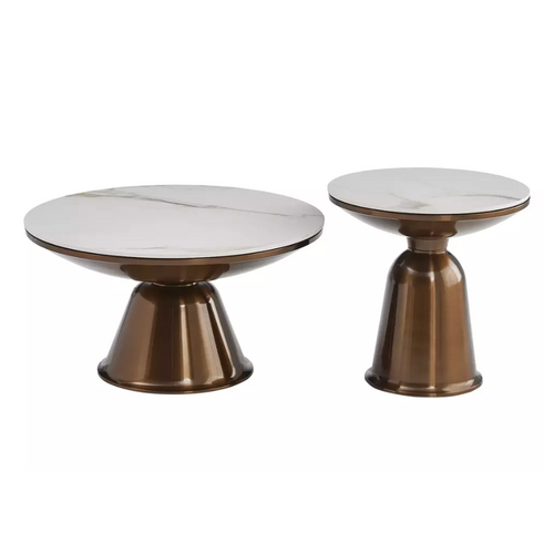 Ensemble De Deux Petites Tables Basses Rondes En Céramique Effet Marbre Blanc Et Cuivre Hauteur 41 C
