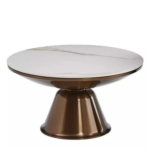 Ensemble De Deux Petites Tables Basses Rondes En Céramique Effet Marbre Blanc Et Cuivre Hauteur 41 C