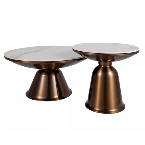 Ensemble De Deux Petites Tables Basses Rondes En Céramique Effet Marbre Blanc Et Cuivre Hauteur 41 C