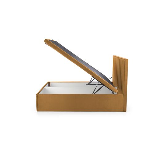 Lit En Tissu Jaune Moutarde 160 X 200 Avec Tête De Lit Et Coffre De Rangement Peony