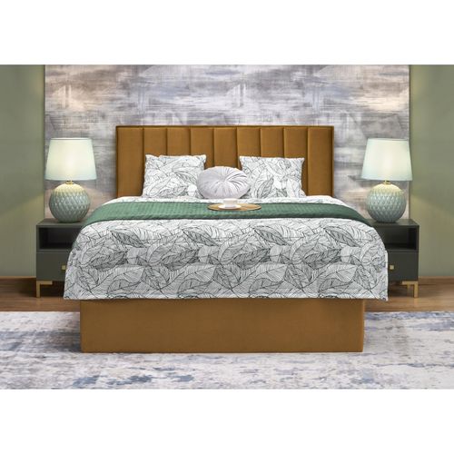 Lit En Tissu Jaune Moutarde 160 X 200 Avec Tête De Lit Et Coffre De Rangement Peony