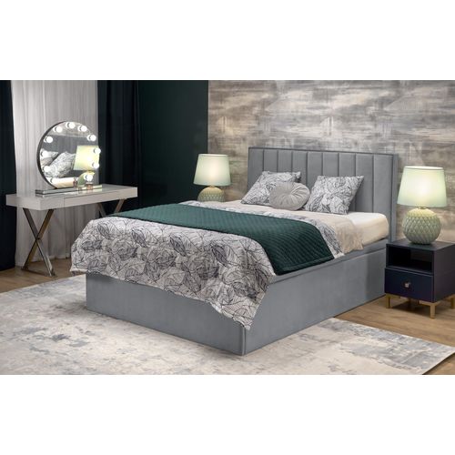 Lit En Tissu Gris 160 X 200 Avec Tête De Lit Et Coffre De Rangement Peony