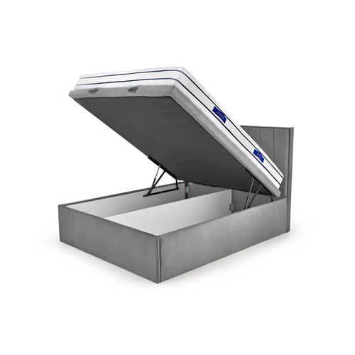 Lit En Tissu Gris 160 X 200 Avec Tête De Lit Et Coffre De Rangement Peony