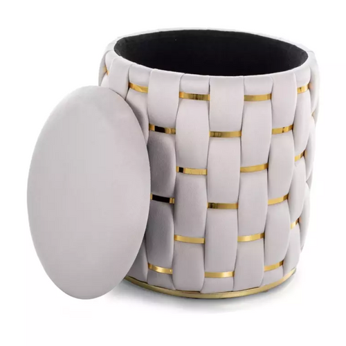 Pouf Rond Tressé Beige En Velours Avec Rangement Discret Et Détails Dorés Toppiz