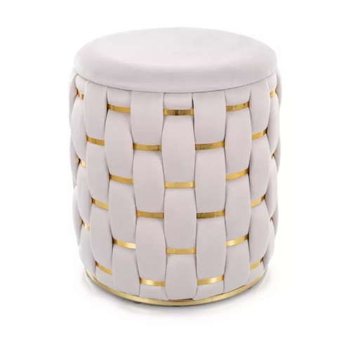 Pouf Rond Tressé Beige En Velours Avec Rangement Discret Et Détails Dorés Toppiz
