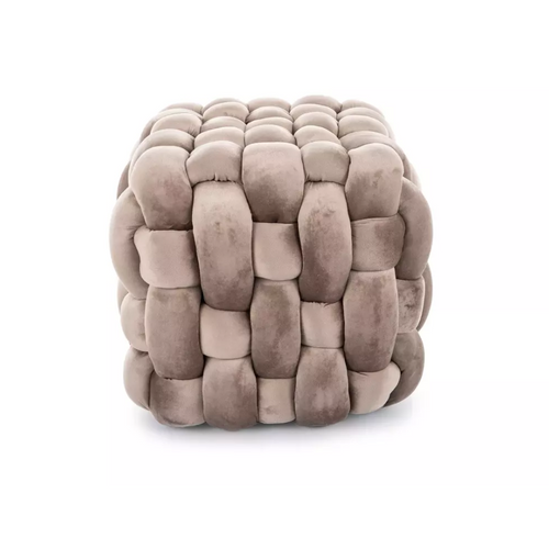 Pouf Tressé En Velours Beige Avec Assise Généreuse Et Structure Carrée Propulz