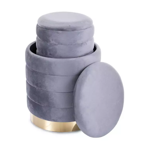 Pouf En Velours Gris Avec Rangement Et Base Dorée, Deux Tailles Emboîtables Soulier