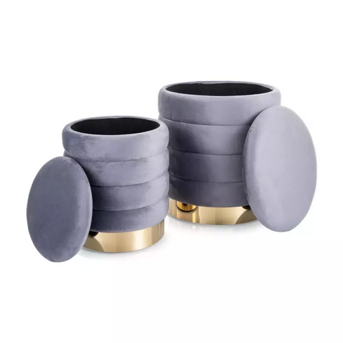 Pouf En Velours Gris Avec Rangement Et Base Dorée, Deux Tailles Emboîtables Soulier