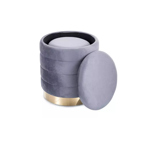 Pouf En Velours Gris Avec Rangement Et Base Dorée, Deux Tailles Emboîtables Soulier