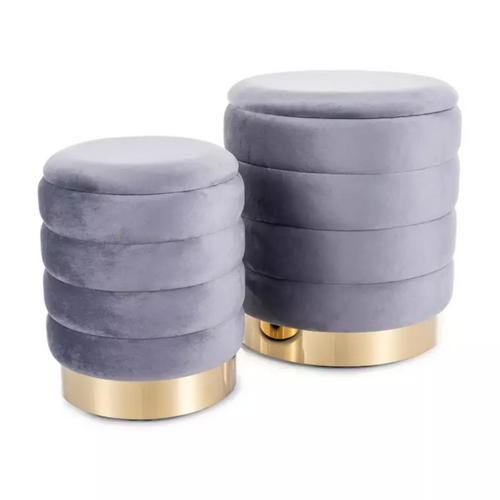 Pouf En Velours Gris Avec Rangement Et Base Dorée, Deux Tailles Emboîtables Soulier