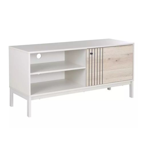 Petit Meuble TV Fargole 120 Cm Métal Blanc Cassé Et Placage Chêne Alpin