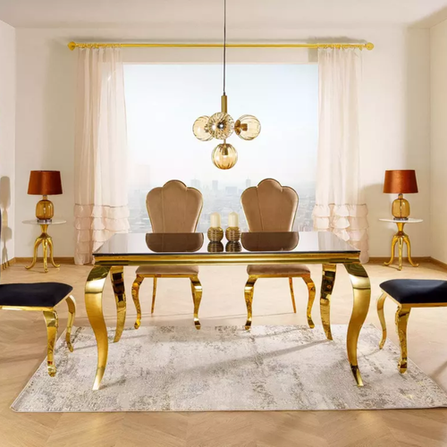 Table Rectangulaire 150 Cm 8 Pers Verre Noir Pied Doré Chic Imperiaz