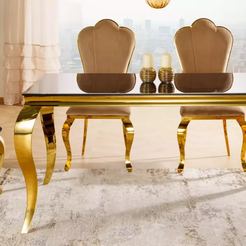 Table Rectangulaire 150 Cm 8 Pers Verre Noir Pied Doré Chic Imperiaz