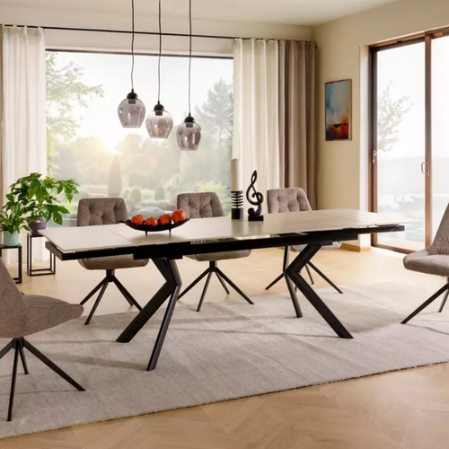 Table Extensible De Salle à Manger 160 + 80cm Céramique Beige Mat 4 Pieds Noir Alida