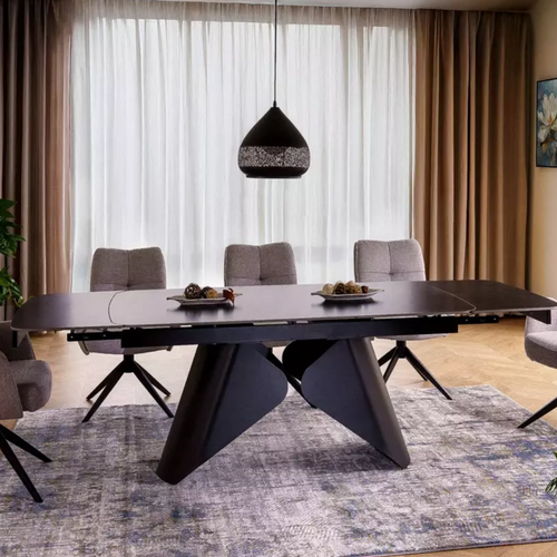 Table De Salle à Manger Extensible 160 + 80cm Avec Plateau En Céramique Noir Mat Armada