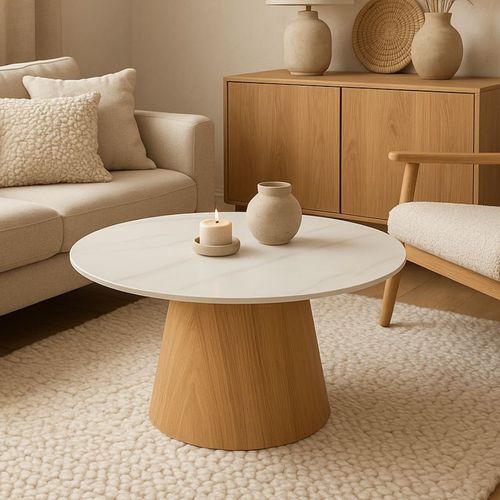 Table Basse Ronde 80 Cm Marbre Céramique Blanc Socle Conique Chêne Kerea