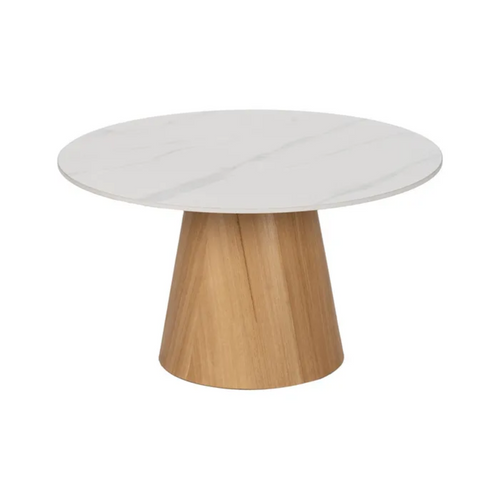 Table Basse Ronde 80 Cm Marbre Céramique Blanc Socle Conique Chêne Kerea
