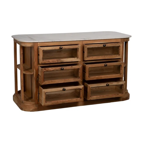 Bahut Bois De Manguier Avec Plateau Marbre Blanc Et 6 Tiroirs Cypréna