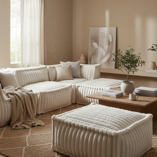 Module Méridienne Pour Canapé Modulable Fourrure Côtelée 80x60 Cm Beige